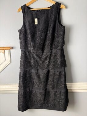 Talbots Black Sleeveless Lace Tiered Midi Dress with Boat Neck New